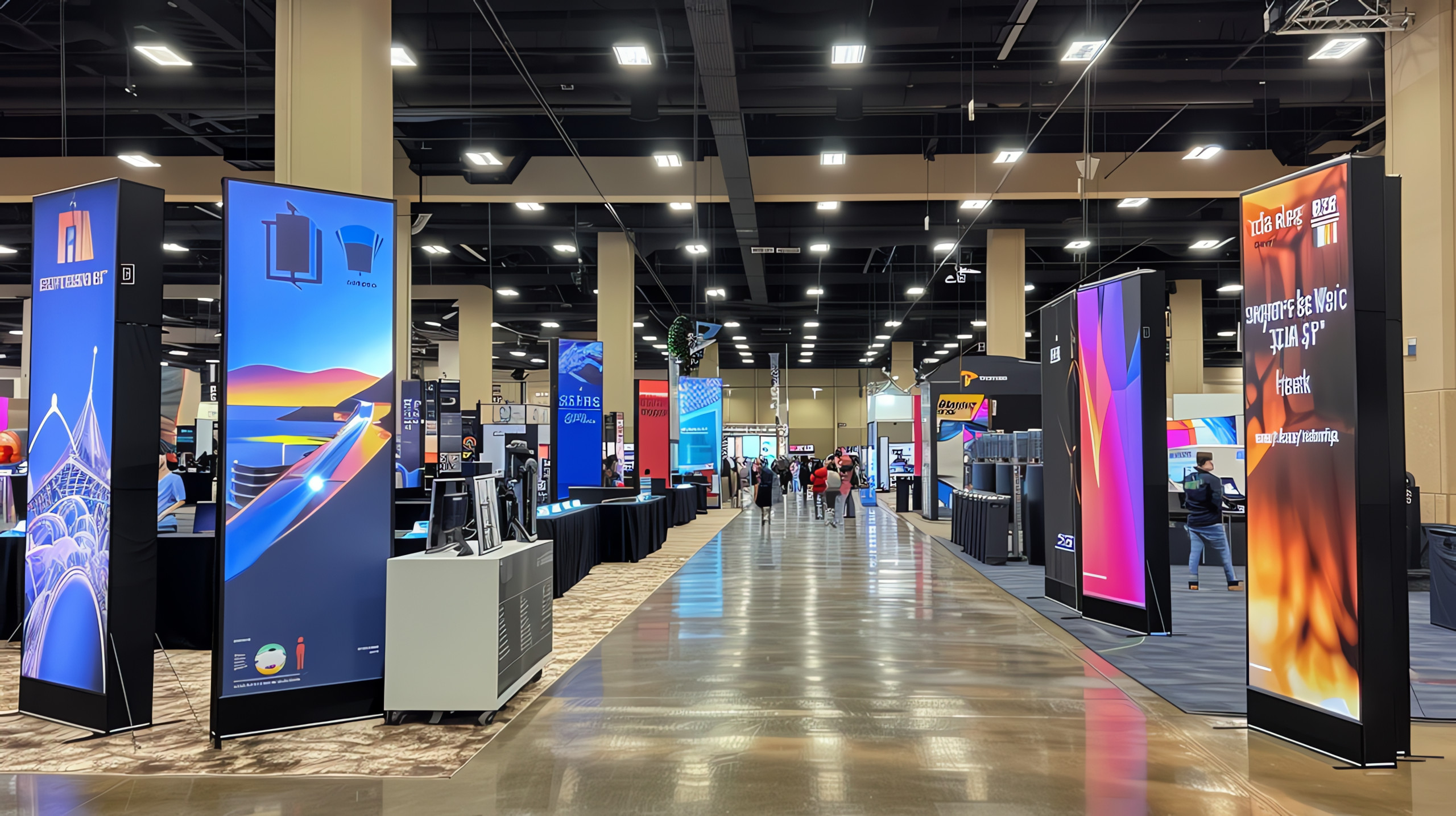 wide-shot-down-convention-center-aisle-lined-with-colorful-displays-booths A wide shot down a convention center aisle